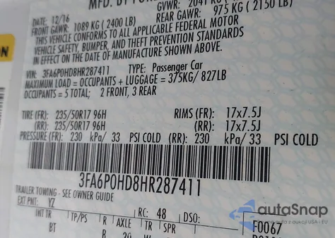 2017 Ford Fusion Se z USA, uszkodzony, nr VIN 3FA6P0HD8HR287411